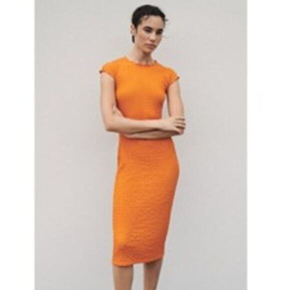 Zara Orange Fitted Texture Midi Dress (S) - Picture 16 of 16